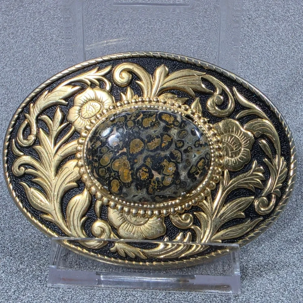 Belt Buckle gold Leopard Jasper Excellent Floral Western‎